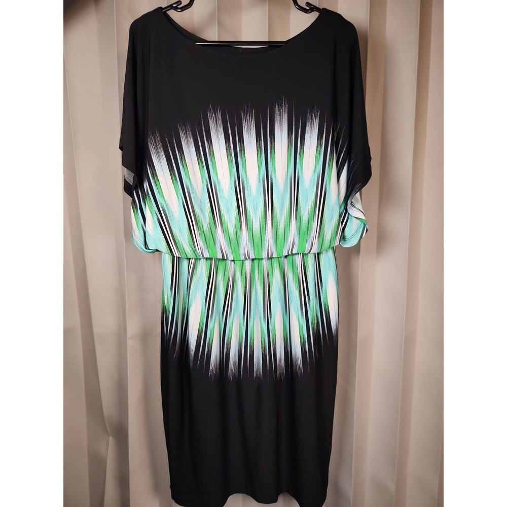 Maggy London Batwing Blouson Dress Green Black Starburst Ikat Jersey Knit 6